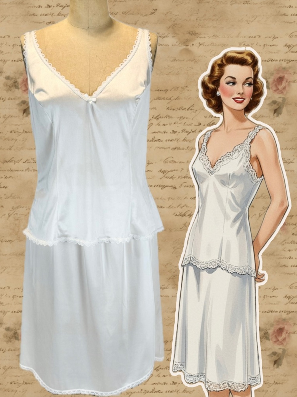 VINTAGE 80s slip set cami camisole tank top skirt dress layer white lingerie 70s